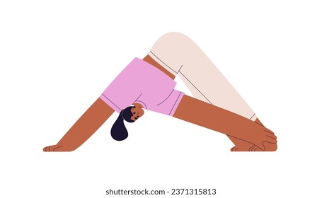 Girl in Pyramid Pose, hard yoga posture. Woman exercising, stretching body in advanced Parsvottanasana asana, position. Flexible person training. Flat vector illustration isolated on white background