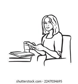 girl with quads works using phone online monochrome, websites vector 