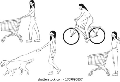The girl is in quarantine. A girl in a mask in a store, on a Bicycle, with a dog.