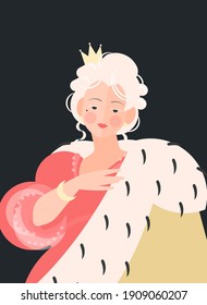 Girl queen with a crown in a dress with a royal cape. Noble portrait of the 18-19th century. Colorful vector illustration in flat cartoon style.