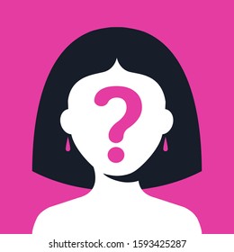 girl with a question mark on her face on a pink background. hide your face. flat vector illustration.