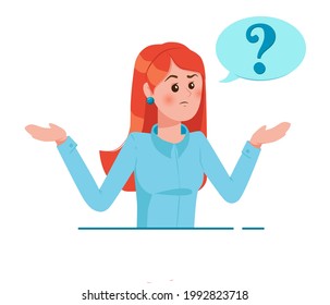 Girl with question mark in think bubble. Young troubled woman. People thinking or solving problem. Dilemma vector flat cartoon concept illustration isolated on white background.