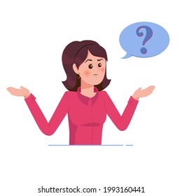 Girl with question mark in think bubble. Young troubled woman. People thinking or solving problem. Dilemma vector flat cartoon concept illustration isolated on white background.