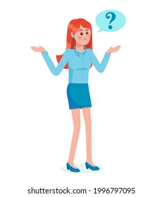 Girl with question mark in think bubble. Young troubled woman. People thinking or solving problem. Dilemma vector flat cartoon concept illustration.