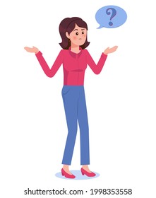 Girl with question mark in think bubble. Young troubled woman. People thinking or solving problem. Dilemma vector flat cartoon concept illustration isolated on white background.