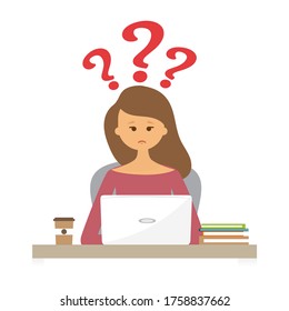 Girl and question marks, concept of problems at work, questions in study. Vector illustration.