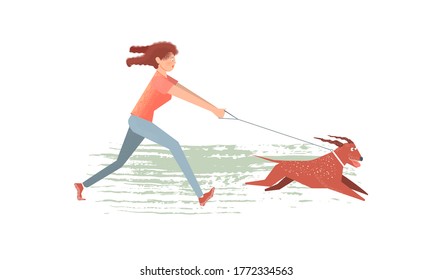 The girl quickly runs after her dog. An active dog pulls the girl by the leash. Cartoon illustration of characters with texture elements. Isolated on a white background