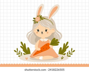 Girl rabbit with carrot. Little bunny in cartoon style. Vector illustration.