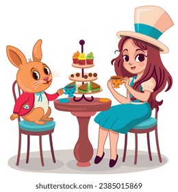 A girl and a rabbit characters are having fun at a tea party. Vector illustration.