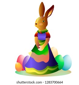 
Girl rabbit in a dress. Easter eggs of different colors. Easter. Vector illustration.