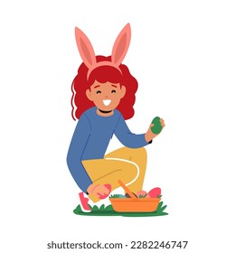 Girl With Rabbit Ears Happily Picking Colorful Easter Eggs From The Grass. Joyful Image Evokes Feelings Of Spring, Renewal, And Kids Festivity For Easter Promotions. Cartoon People Vector Illustration