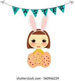 Girl with rabbit ears holding Easter egg. Easter design