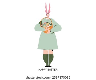 A girl in rabbit ears holds Easter eggs in a basket. Rabbit with a gift for Easter, festive gift in hands. Vector flat illustration isolated on white background