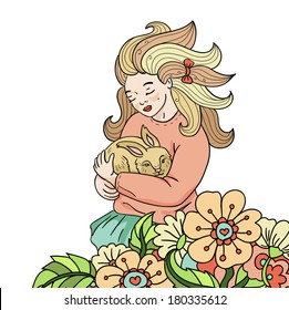 The girl with a rabbit in hands among flowers (vector)