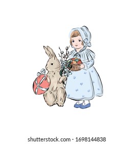 Girl with rabbit holding a basket of easter eggs. Catholic or Orthodox Easter. Resurrection of Christ. Vintage kid clip art.