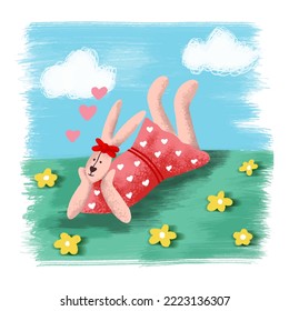 girl rabbit lying on the lawn. Cute bunny characters sit on the grass. Vector illustration 