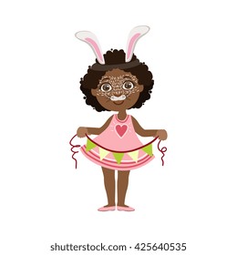 Girl With A Rabbit Make Up Bright Color Cartoon Childish Style Flat Vector Drawing Isolated On White Background