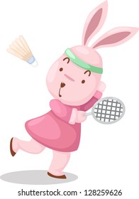 Girl Rabbit Playing Badminton .Vector