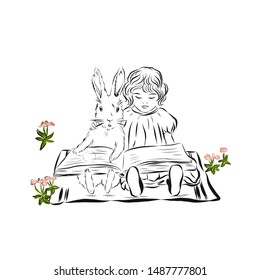Girl with rabbit read book. Happy easter. Fairy book illustration. Drawing for coloring. 