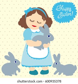 Girl and rabbits. Happy Easter. Greeting card