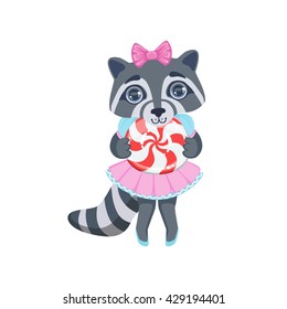 Girl Raccoon With Candy Colorful Illustration In Cute Girly Cartoon Style Isolated On White Background