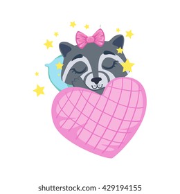 Girl Raccoon Sleeping Colorful Illustration In Cute Girly Cartoon Style Isolated On White Background
