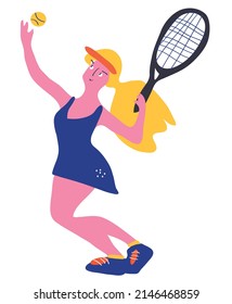 a girl with a racket in her hand plays tennis. Hand drawn illustration.  Flat style vector design