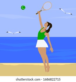 Girl with a racket plays tennis - sea, sandy shore, seagulls - illustration, vector. Camping.