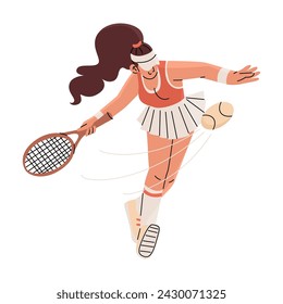 A girl with a racket in a short skirt plays tennis. Big sport. Hobbies, ball games and summer activities. Vector illustration isolated on transparent background.