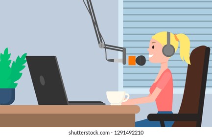 Girl radio dj live concept banner. Flat illustration of girl radio dj live vector concept banner for web design