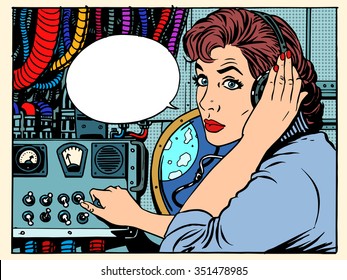 Girl radio space communications with astronauts pop art retro style. The mission control center. Manager flights. Science fiction space and planets