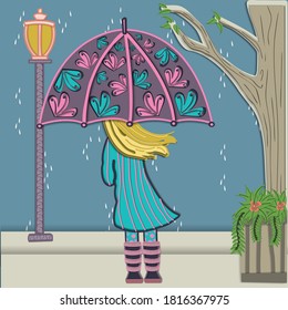 Girl in the rain design in paper cut style, for cards, details, notebook covers etc.