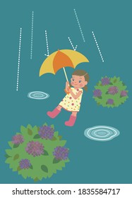 girl, rain, hydrangea, puddle, umbrella, rain boots