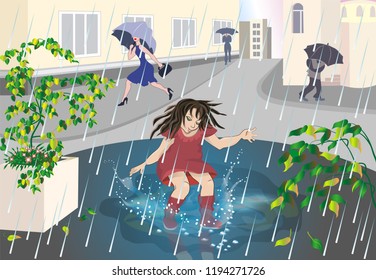 A girl in the rain jumps in a puddle, picking up splashes. Vector illustration