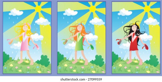 Girl in the rain. Three version - blond, red-haired and brunette