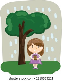 a girl in rain under the tree