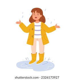 A girl in the rain in a yellow raincoat and rubber boots. Cute autumn illustration