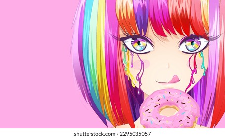 Сute girl with rainbow hair and blue eyes is eating a pink donut. Illustration of a girl in manga and anime style on a pink background with space for text. Vector image.