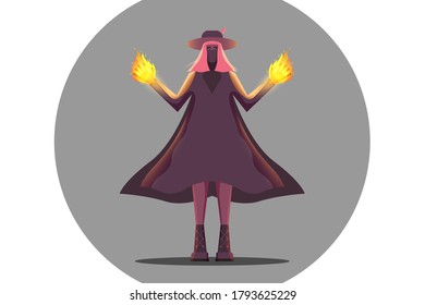 A girl in a raincoat and hat. Magic character. Hands on fire. Vector illustration design for your project.  