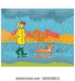 A girl in a raincoat and rain boots walks a dog in the rain in autumn city park vector illustration