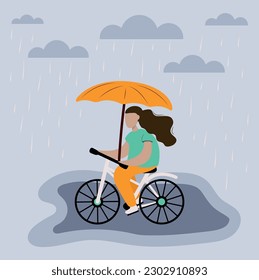Girl in raincoat riding on a bicycle under the rain. Cycling in the rain title. Hand drawn cartoon illustration.