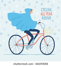 Girl in raincoat riding on a  bicycle under the snow. Cycling all year round title. Hand drawn cartoon illustration.