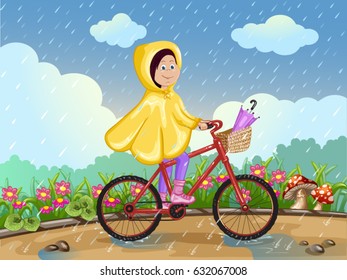 Girl in raincoat riding on a bicycle under the rain. 