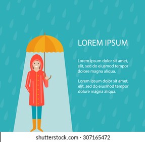 Girl in raincoat with umbrella in autumn rainy season, monsoon, vector illustration