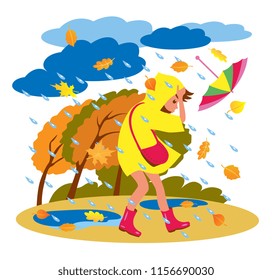 girl in raincoat walking with umbrella in bad weather. autumn rains and storm. cartoon vector illustration