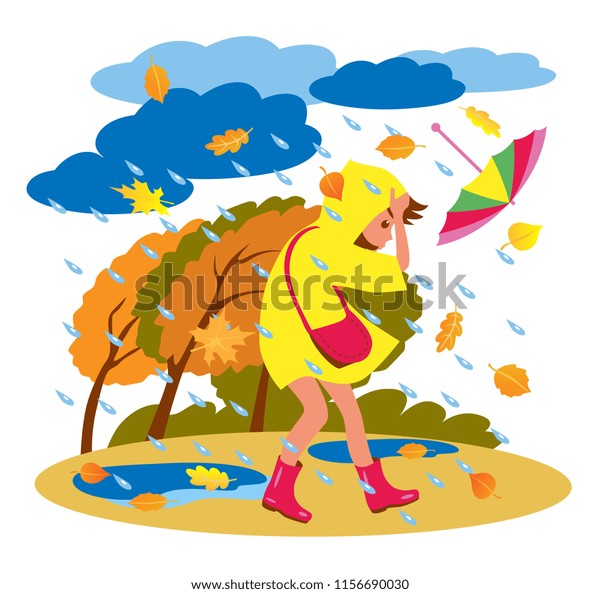 雨天で傘を持って歩くレインコートを着た女の子 秋の雨と嵐 漫画のベクター画像イラスト のベクター画像素材 ロイヤリティフリー