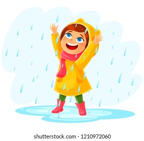 Girl in raincoats and rubber boots playing in the rain. vector cartoon illustration 