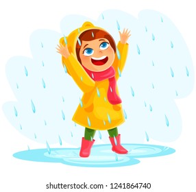 Girl in raincoats and rubber boots playing in the rain. Children jumping and splashing through the puddles. vector cartoon illustration