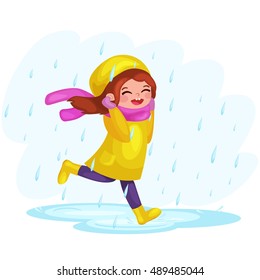 Girl In Raincoats And Rubber Boots Playing In The Rain. Children Jumping And Splashing Through The Puddles. Vector Cartoon Illustration Isolated On White Background.