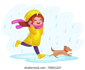 Girl In Raincoats And Rubber Boots Playing In The Rain. Girl With Dog